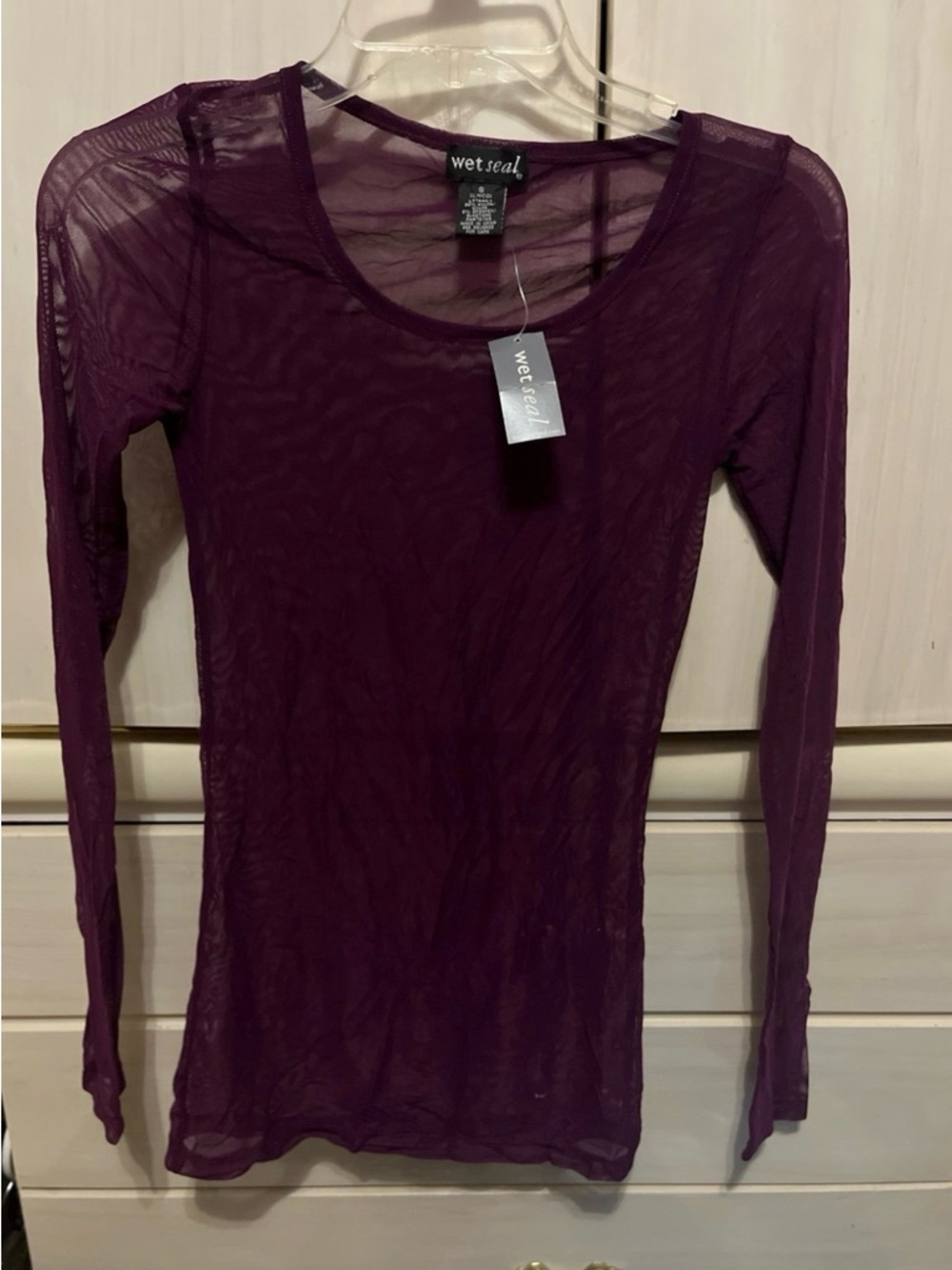 Wet Seal Long Sleeve Sheer Scoop Neck Top in Plum Purple